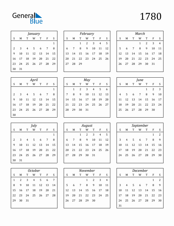 Blank Calendar 1780