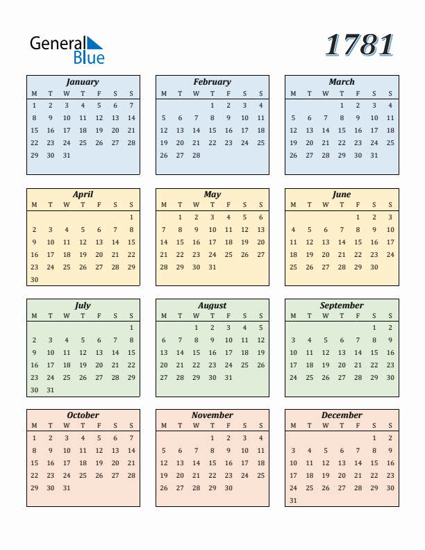 Calendar for 1781 (Monday Start)