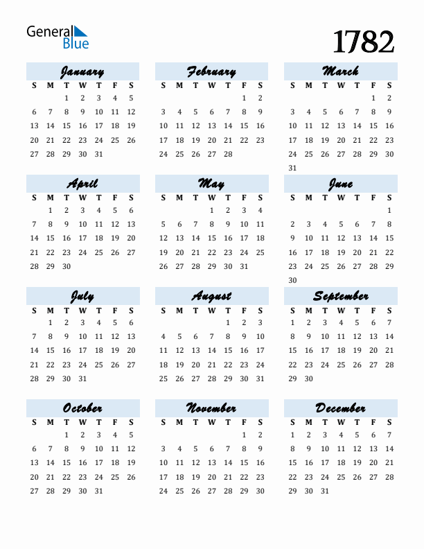 Calendar 1782 Free Download and Print