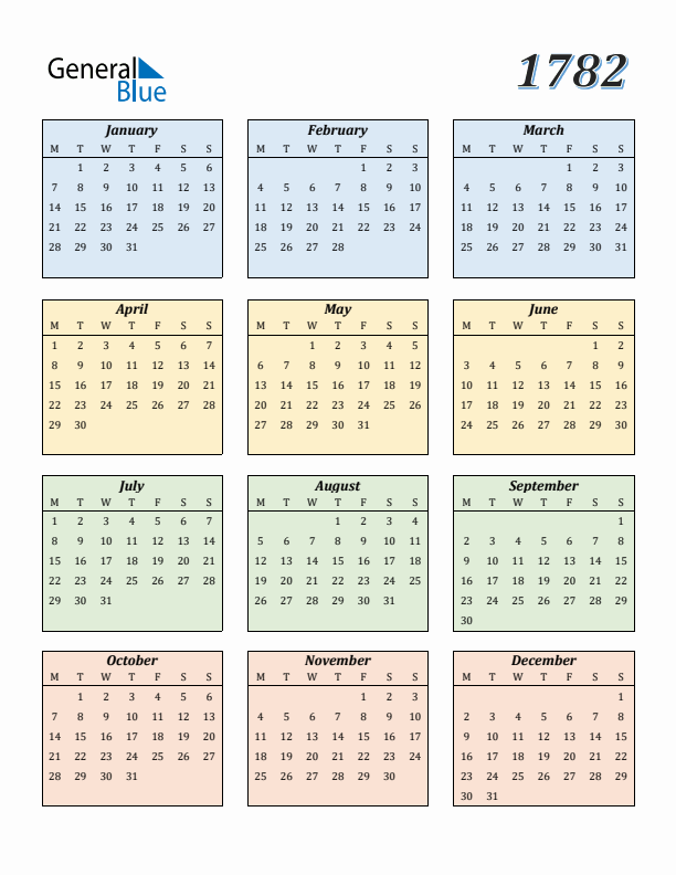 Calendar for 1782 (Monday Start)
