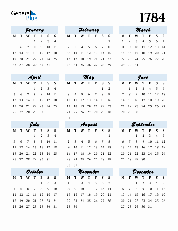 Calendar 1784 Free Download and Print