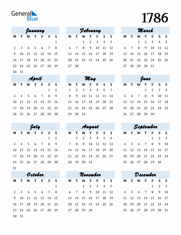 Calendar 1786 Free Download and Print