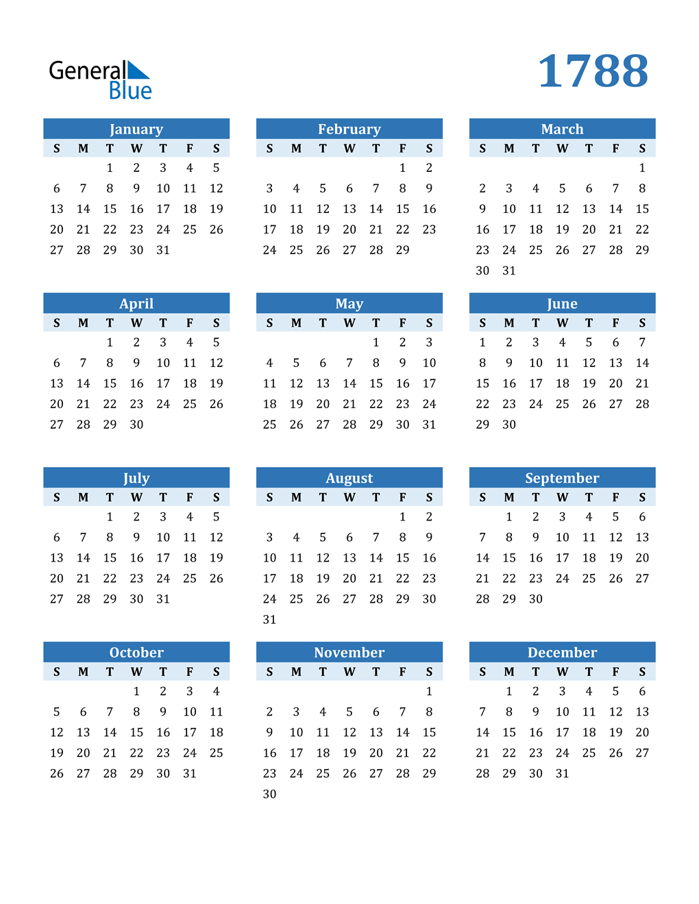 1788 Calendar (PDF Word Excel)