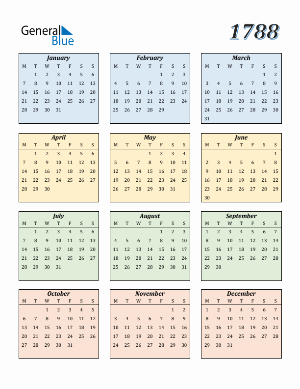 Calendar for 1788 (Monday Start)