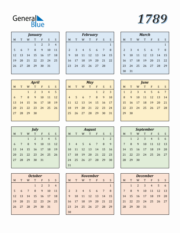 Calendar for 1789 (Monday Start)