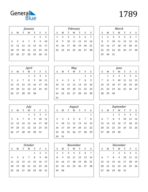 1789 Calendar (PDF, Word, Excel)