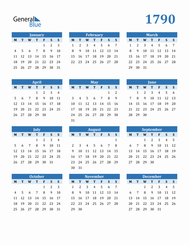 1790 Year Calendar with Monday Start