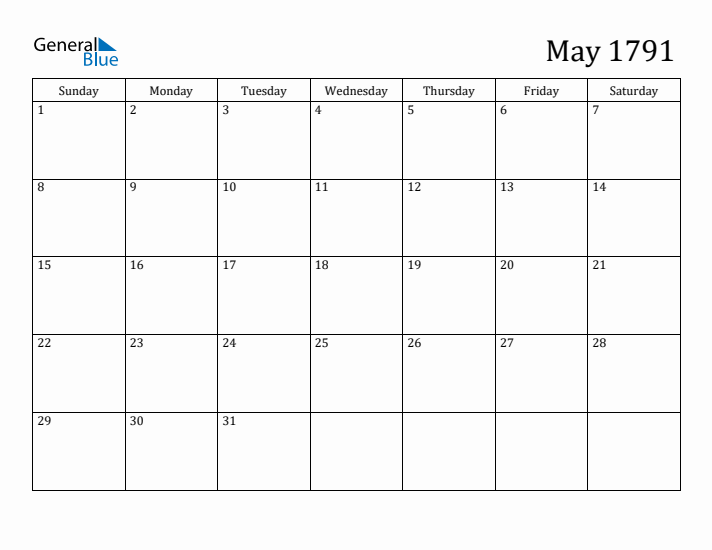 May 1791 Calendar