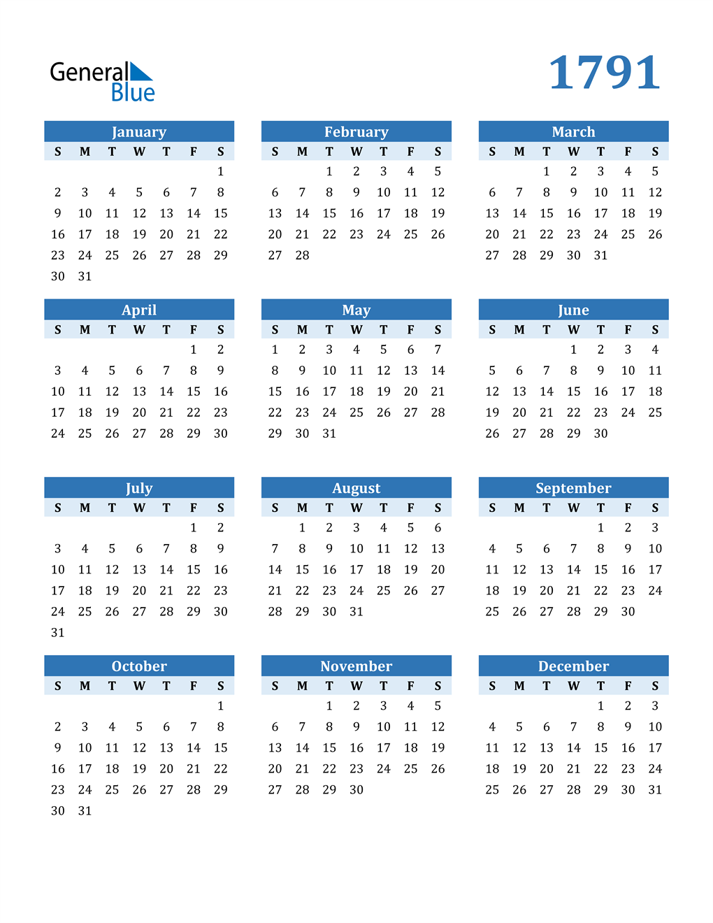 1791 Calendar (PDF Word Excel)
