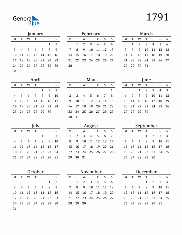 Free Printable Calendar 1791 with Monday Start