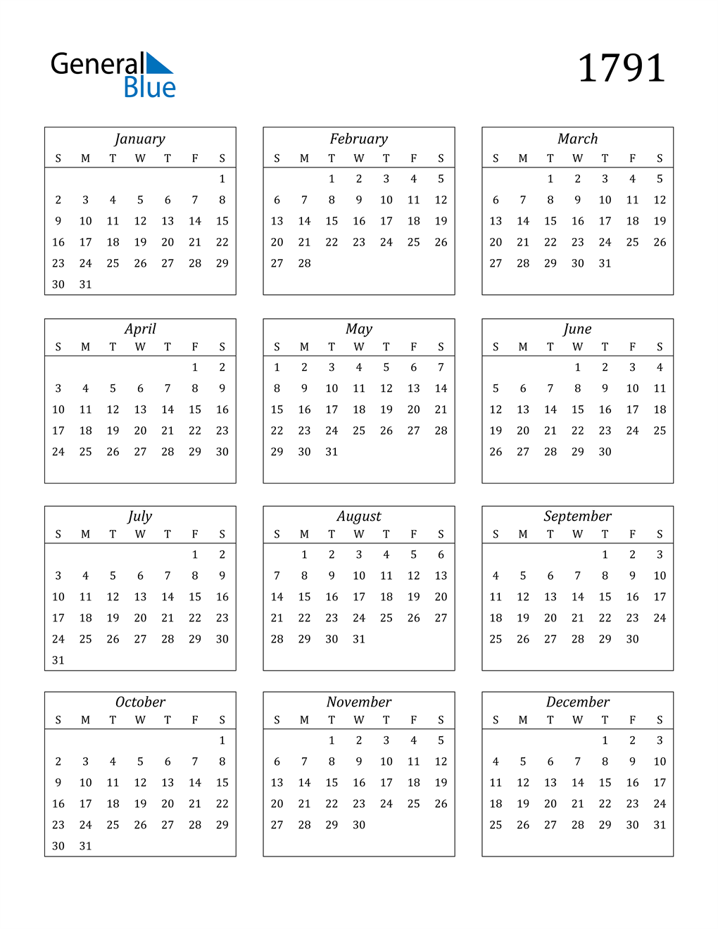 1791 Calendar Pdf Word Excel