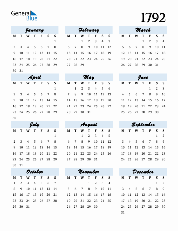 1792 Yearly Calendar Templates with Monday Start