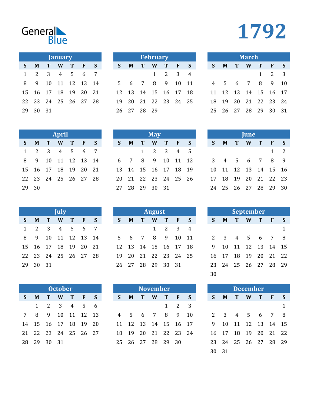 1792 Calendar (PDF, Word, Excel)