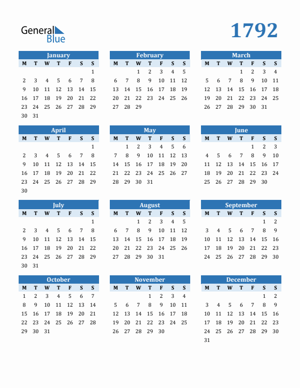 1792 Yearly Calendar