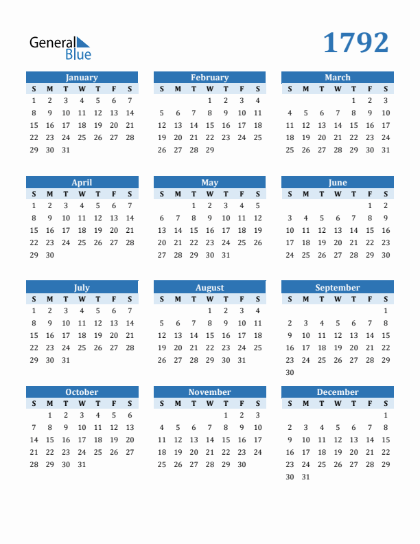 1792 Year Calendar with Sunday Start