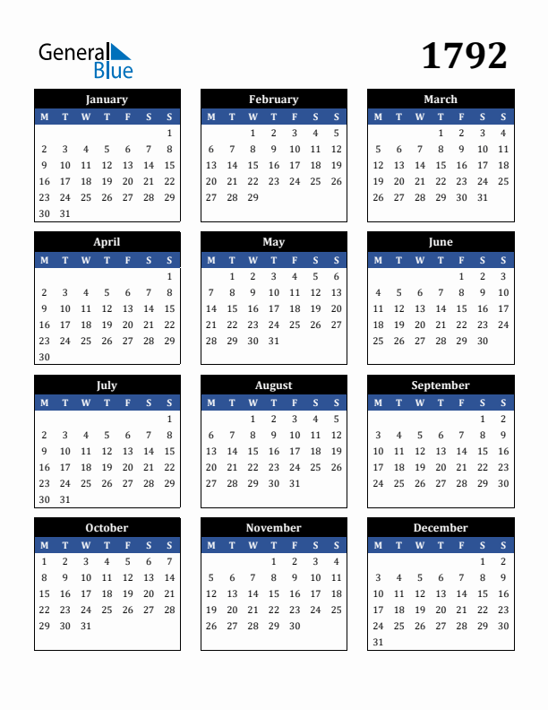 1792 Yearly Calendar Templates with Monday Start