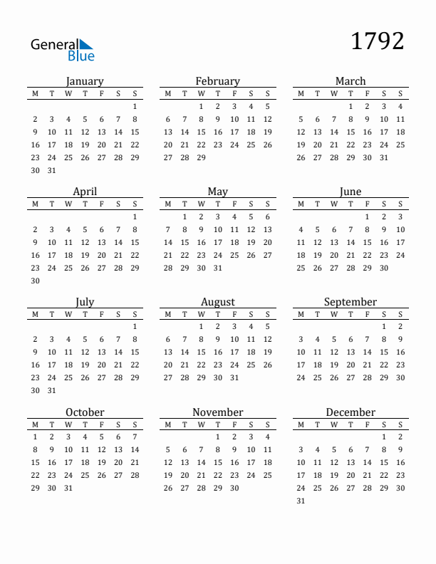 Year 1792 Free Printable 12-Month Calendar