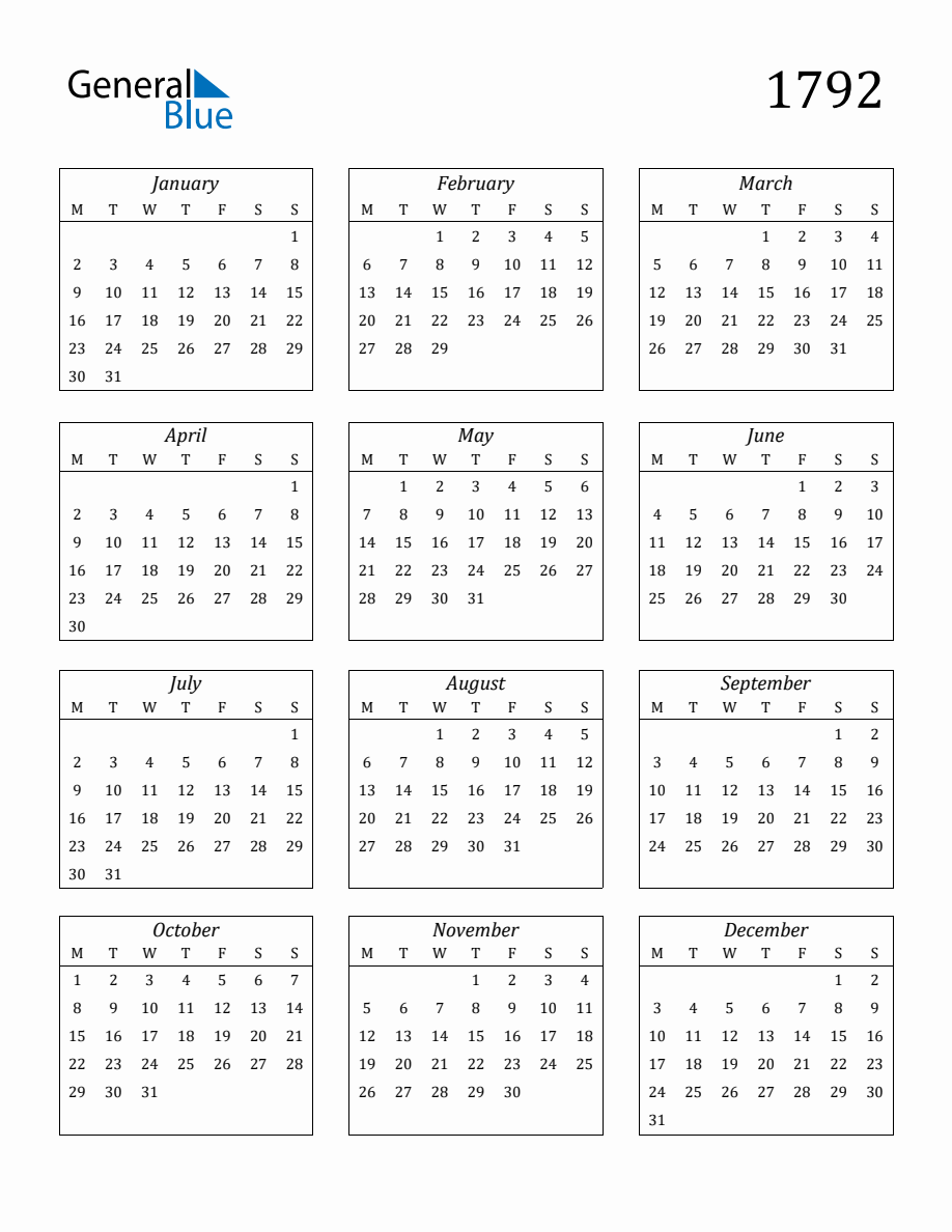 1792 Blank Yearly Calendar Printable
