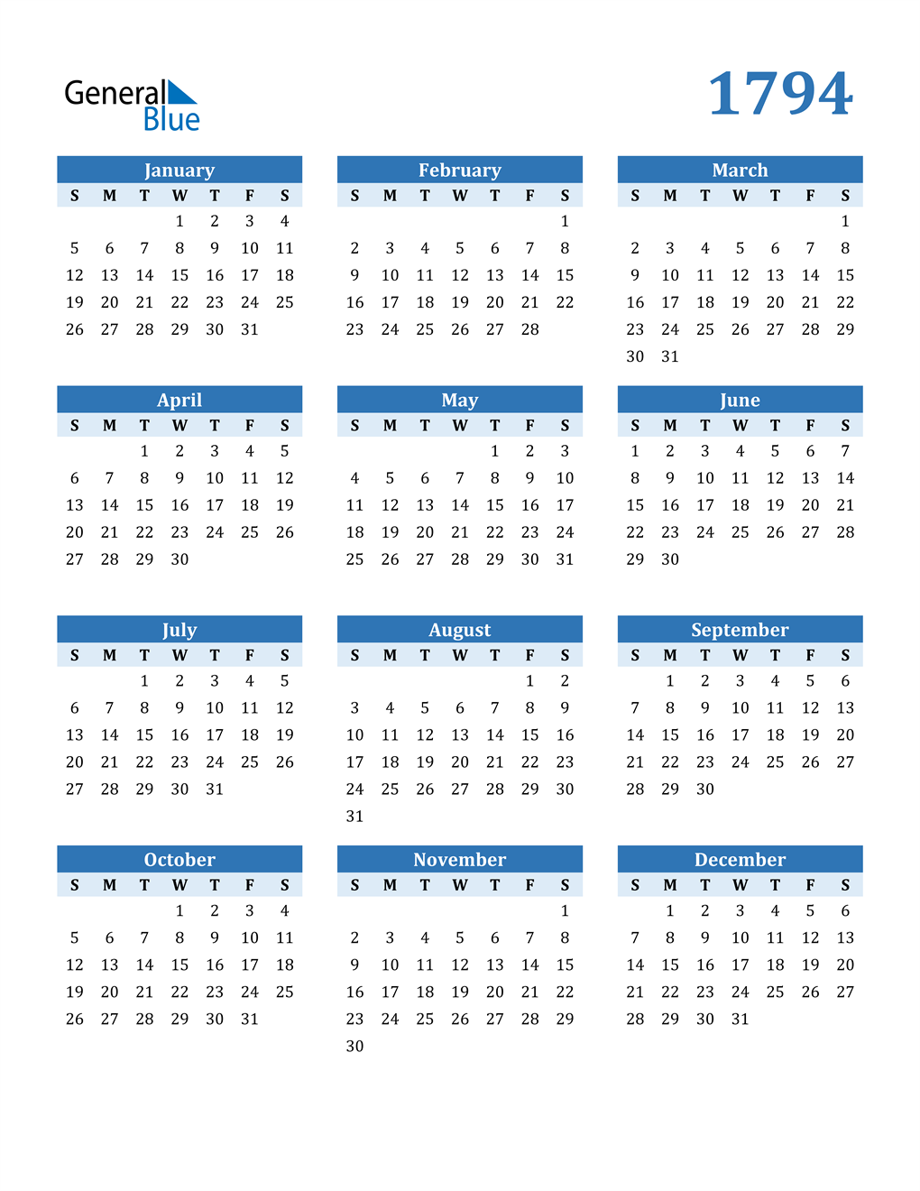 1794 Calendar (PDF Word Excel)