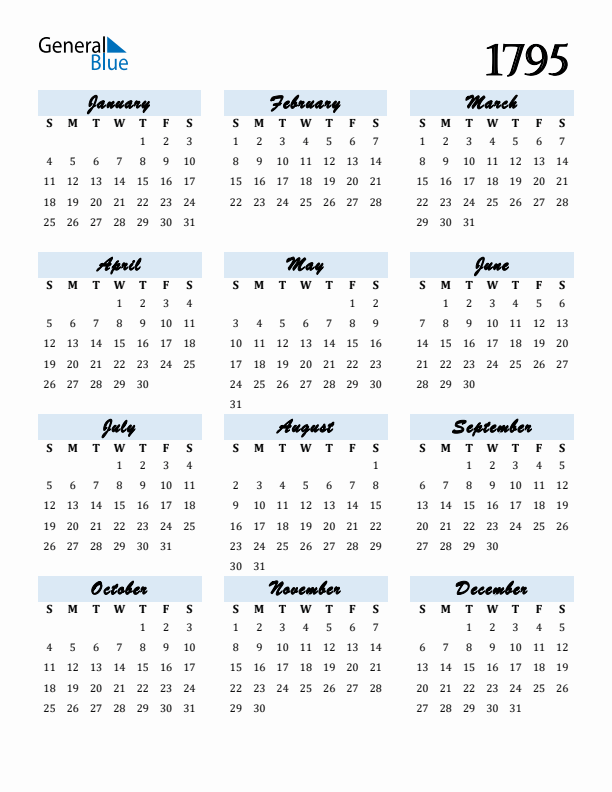 Calendar 1795 Free Download and Print