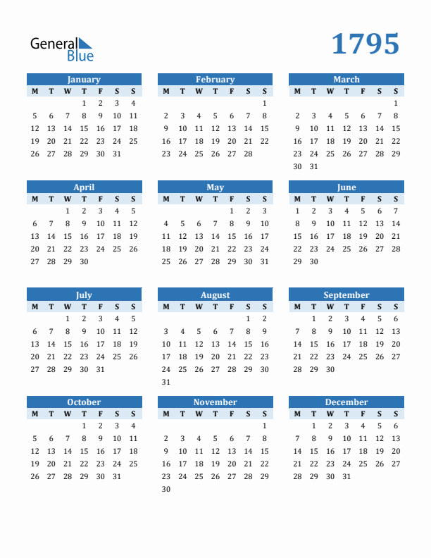 1795 Year Calendar with Monday Start