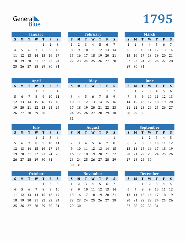1795 Year Calendar with Sunday Start