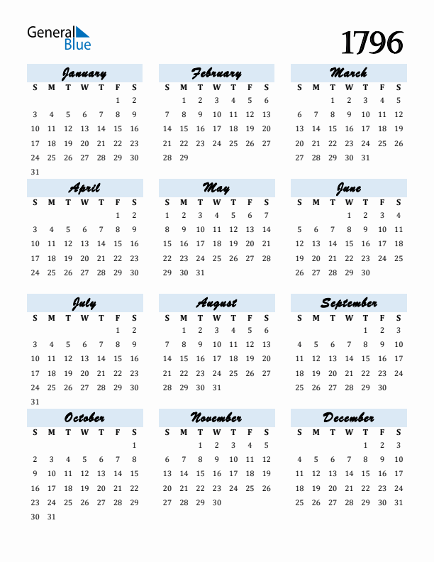 Calendar 1796 Free Download and Print