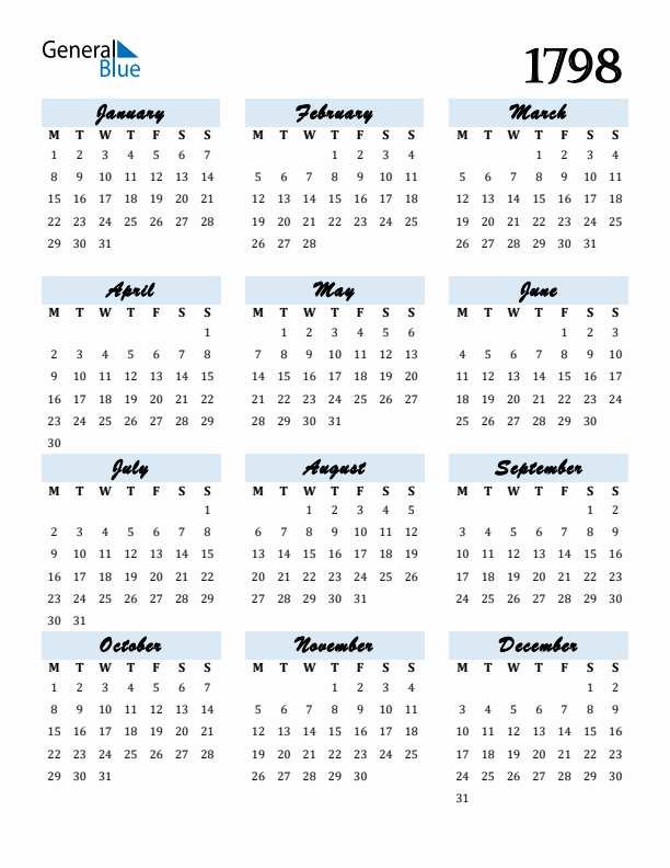 Calendar 1798 Free Download and Print