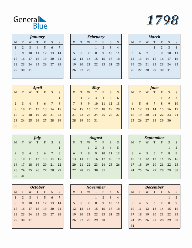 Calendar for 1798 (Monday Start)