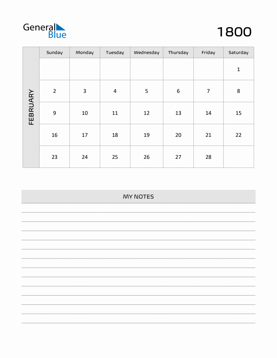 February 1800 Printable Monthly Calendar with Notes