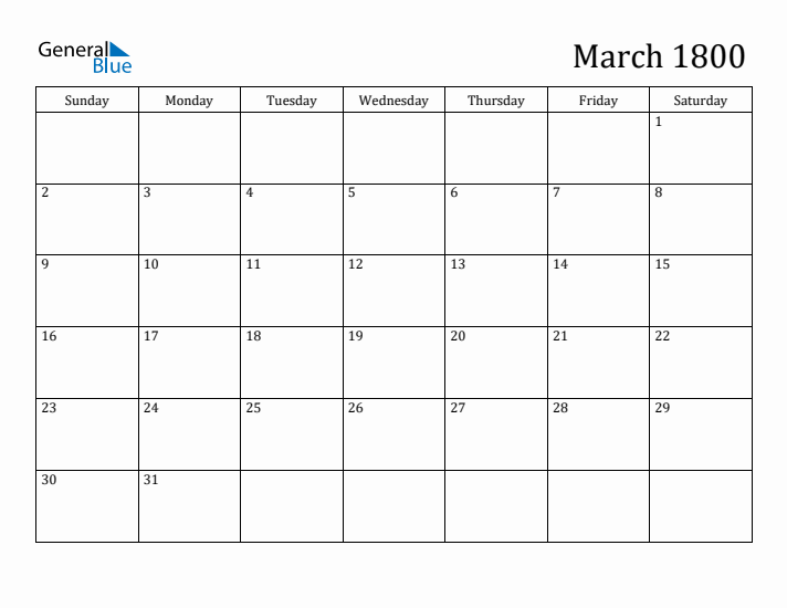 March 1800 Monthly Calendar (PDF Word Excel)