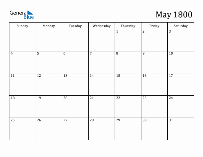 May 1800 Monthly Calendar (PDF Word Excel)