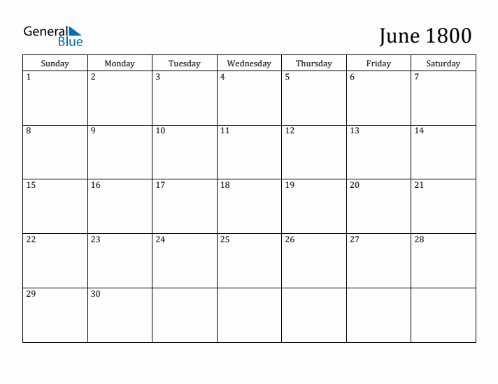 June 1800 Monthly Calendar (PDF Word Excel)