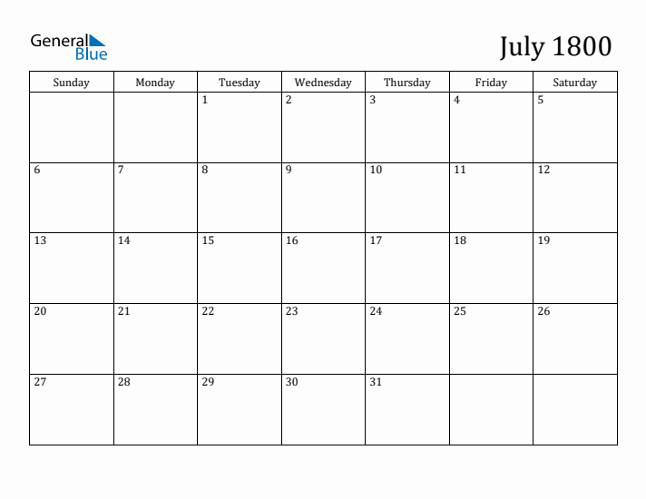 July 1800 Calendars (PDF Word Excel)