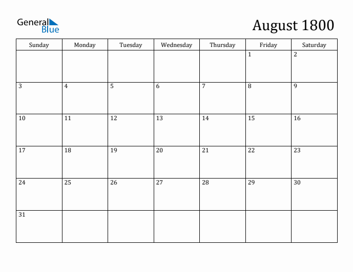 August 1800 Monthly Calendar (PDF Word Excel)