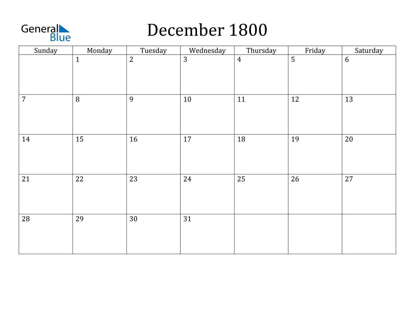 December 1800 Calendar PDF Word Excel
