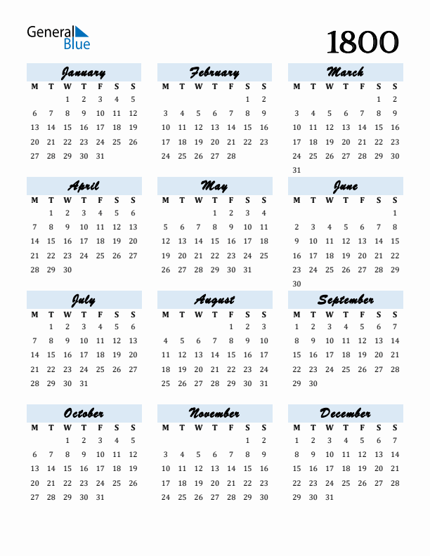 Calendar 1800 Free Download and Print