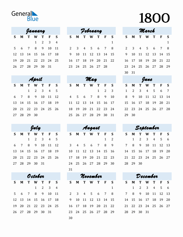 Calendar 1800 Free Download and Print