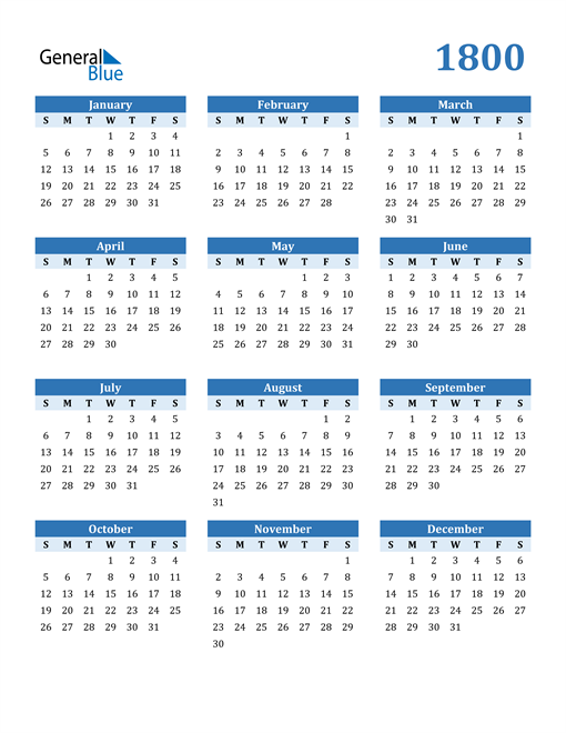 1800 Calendar (PDF, Word, Excel)