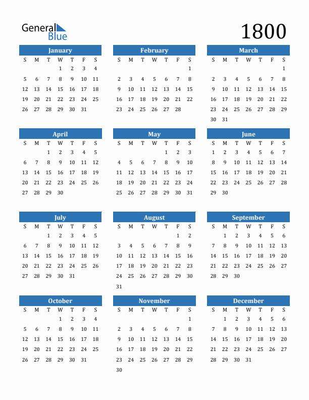Free 1800 Calendars in PDF Word Excel