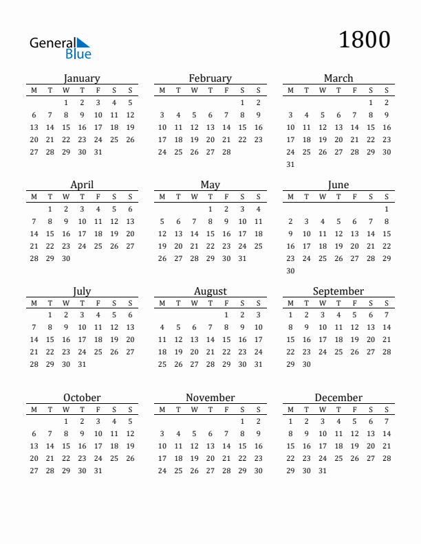 Free Printable Calendar 1800 with Monday Start