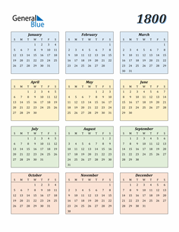 1800 Calendar (PDF, Word, Excel)