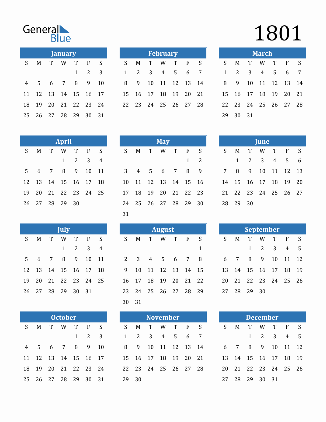 Free 1801 Calendars in PDF, Word, Excel