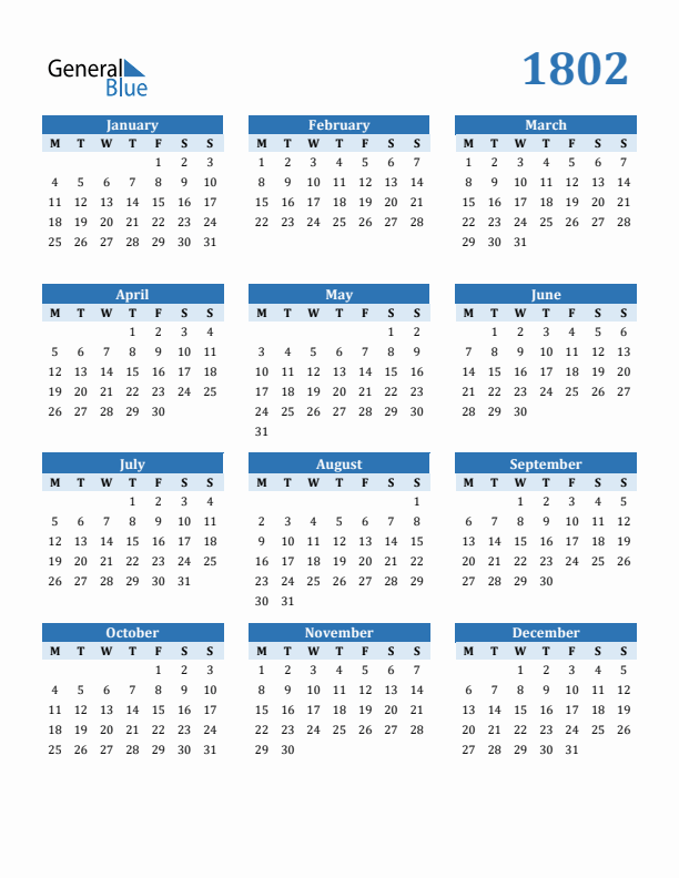 1802 Year Calendar with Monday Start