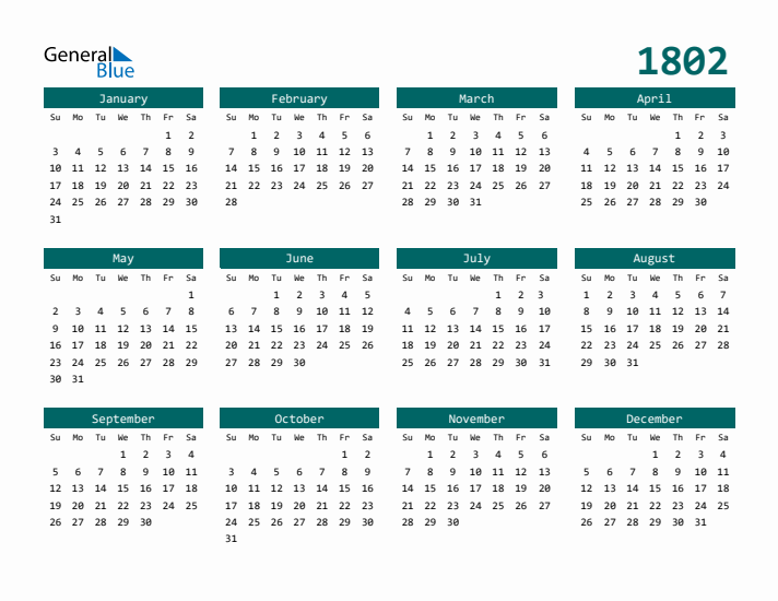 Downloadable 1802 Calendar