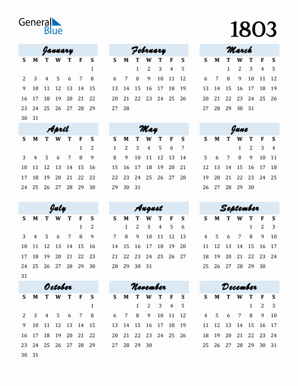 Calendar 1803 Free Download and Print