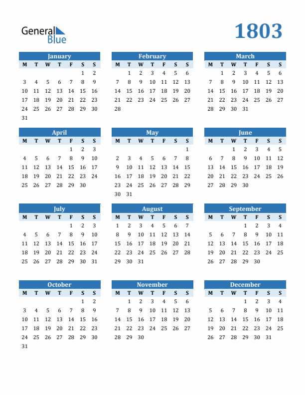 1803 Year Calendar with Monday Start