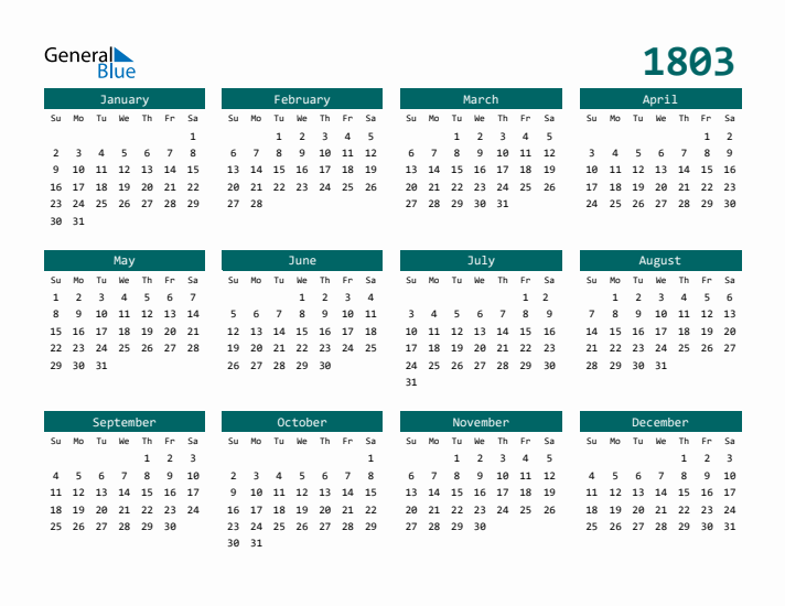 Downloadable 1803 Calendar