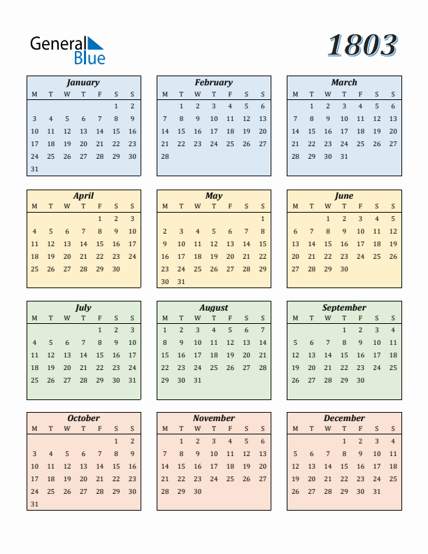 Calendar for 1803 (Monday Start)