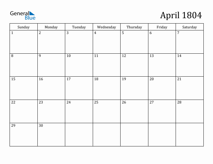 April 1804 Calendar